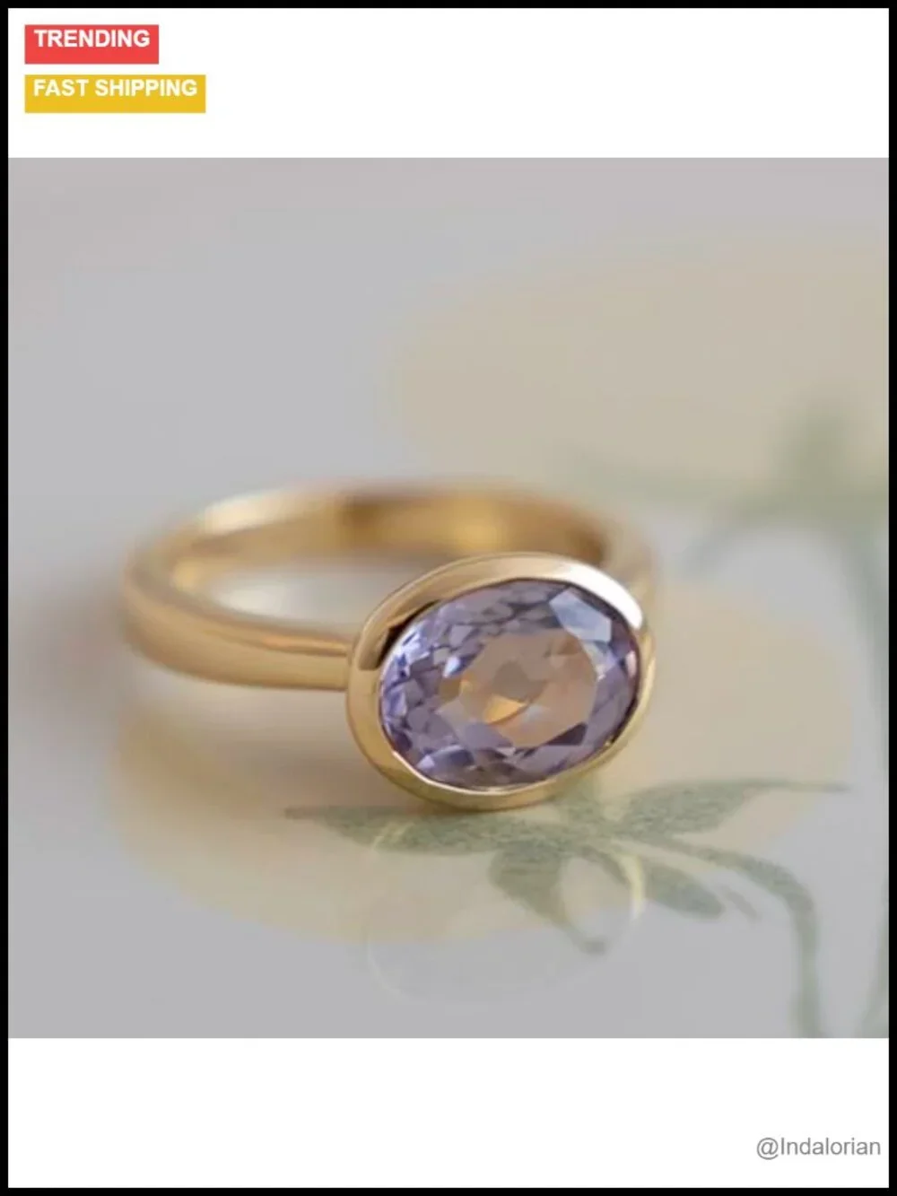 Amethyst Oval Ring 8x10mm 925 Sterling Silver 3 Micron Gold Plated Bezel Set